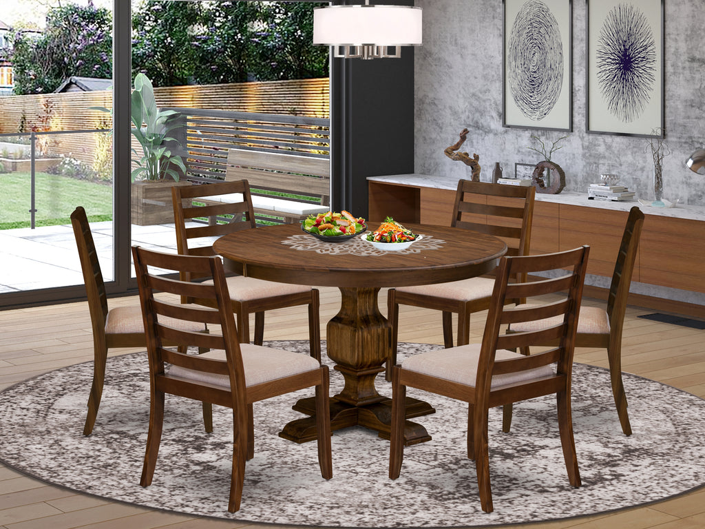 East West Furniture F3X17-0N-04 7-piece Modern Dining Table set consists of a Round Kitchen Table and 6 Light Tan Linen Fabric stackable Dining Chair, Antique Walnut Finish.