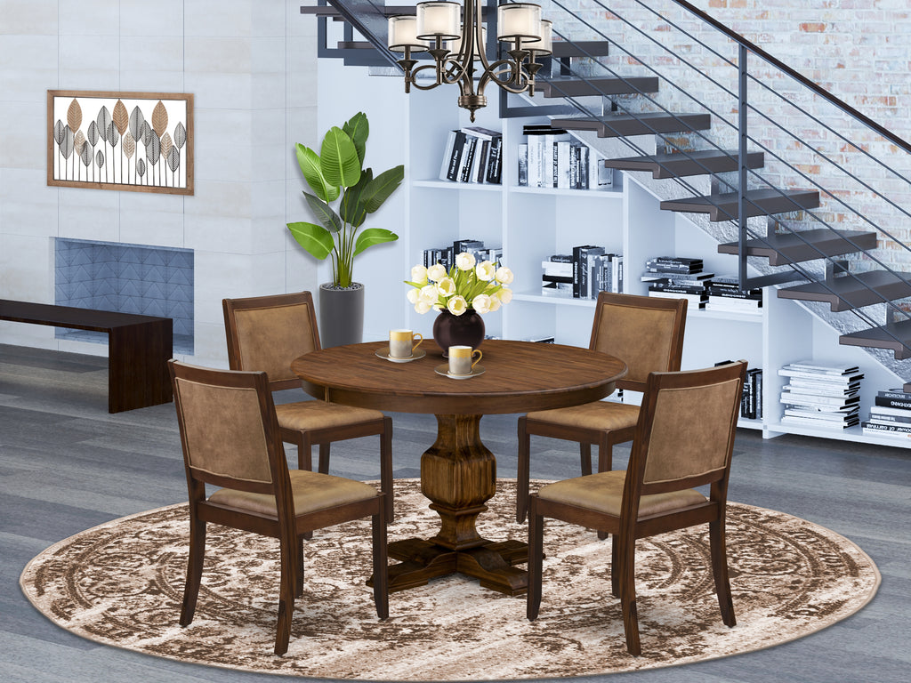 East West Furniture F3X25-0N-28 5-piece Dining Room Table Set included a Round Kitchen Table and 4 Brown Texture Faux Leather stackable kitchen Chair, Antique Walnut Finish.