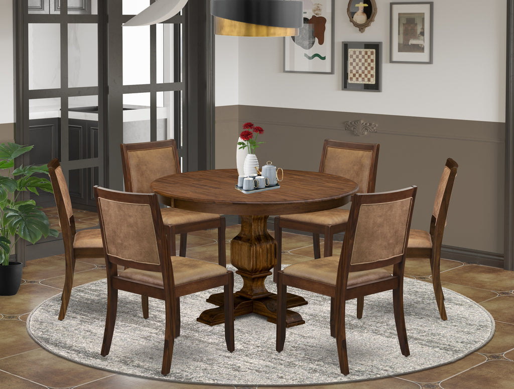 East West Furniture F3X27-0N-28 7-piece kitchen Table Set consists of a Round Kitchen Table and 6 Brown Texture Faux Leather stackable dining Chair, Antique Walnut Finish.