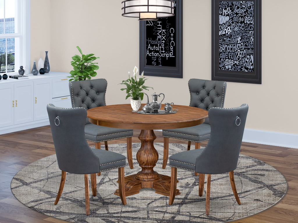 Luxe by East West Furniture F5DA5-40N-13 5-piece Modern Dining table set consists of a Kitchen Table and 4 Platinum Gray Faux Leather Dining Chairs with Button Tufted Back - Antique Walnut Finish