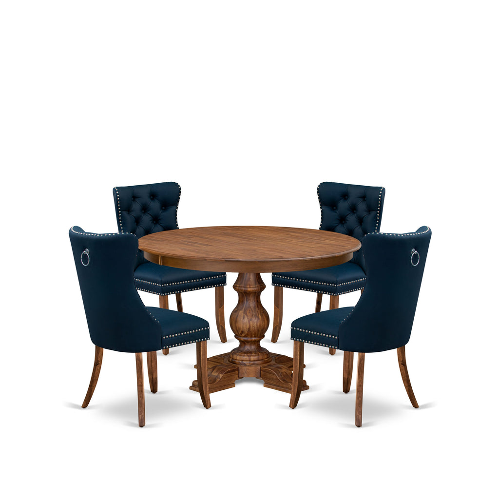 Luxe by East West Furniture F5DA5-40N-29 5-Piece Dining Table Set with Faux Leather 4 Navy Blue Chairs, Button-Tufted Backs, and a 48"Round Table in Antique Walnut Finish.
