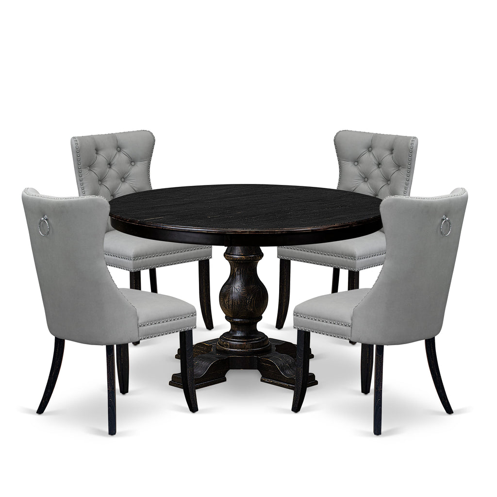 Luxe by East West Furniture F5DA5-411-27 5 Piece Dining Table Set Contains a 48" Round Table with Pedestal and 4 Light Gray Faux Leather Parson Chairs, Sand Blasted Black