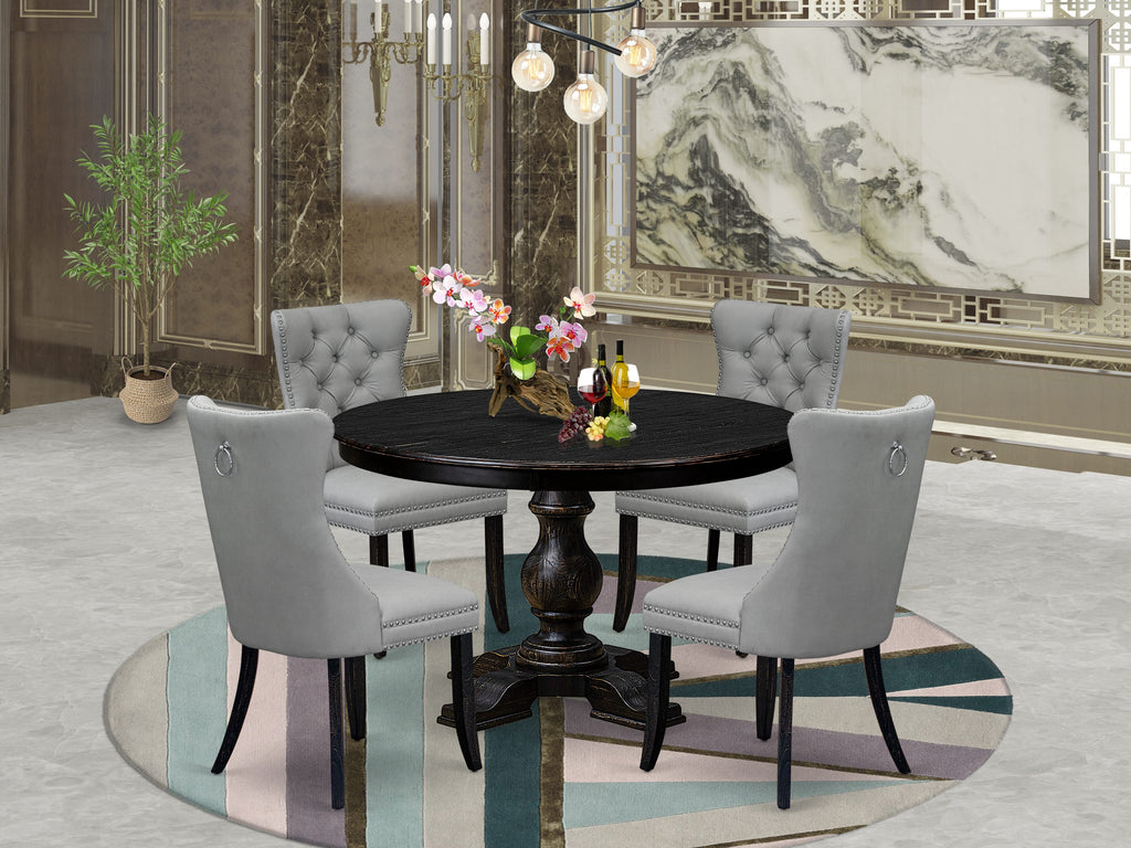 Luxe by East West Furniture F5DA5-411-27 5 Piece Dining Table Set Contains a 48" Round Table with Pedestal and 4 Light Gray Faux Leather Parson Chairs, Sand Blasted Black