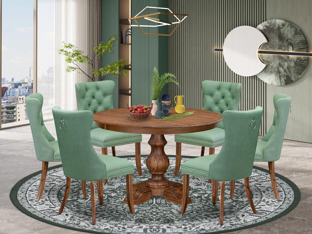 Luxe by East West Furniture F5DA7-40N-22 7-Pc Mid Century Dining Set Include a Dining Table and 6 Willow Green Faux Leather Chairs with Button-Tufted Back, Antique Walnut