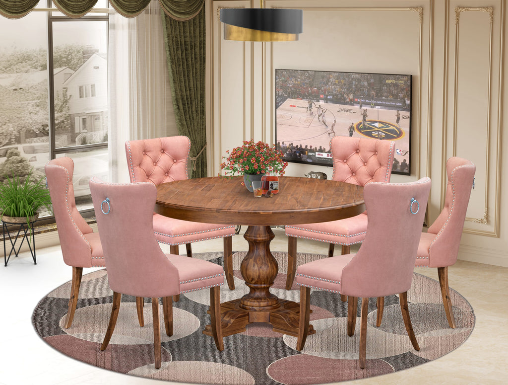 Luxe by East West Furniture F5DA7-50N-23 7-Pc Dining Room Set Include a Table and 6 Beige Red Faux Leather Upholstered Dining Chairs with Button-Tufted Back, Antique Walnut