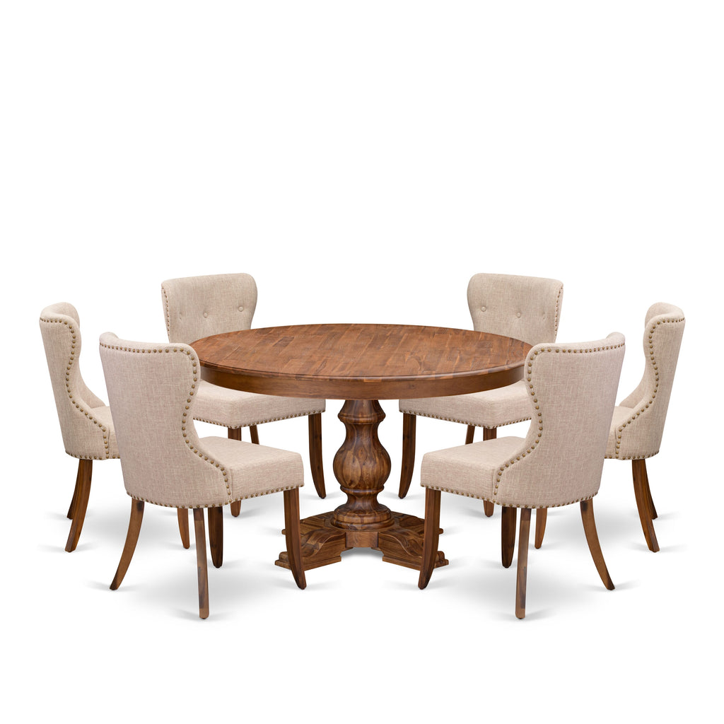Luxe by East West Furniture F5SI7-50N-04 7-Pc Dining Set consists of a Pedestal Kitchen Table and 6 Light Tan Linen Fabric Parson Chairs with Button Tufted- Antique Walnut