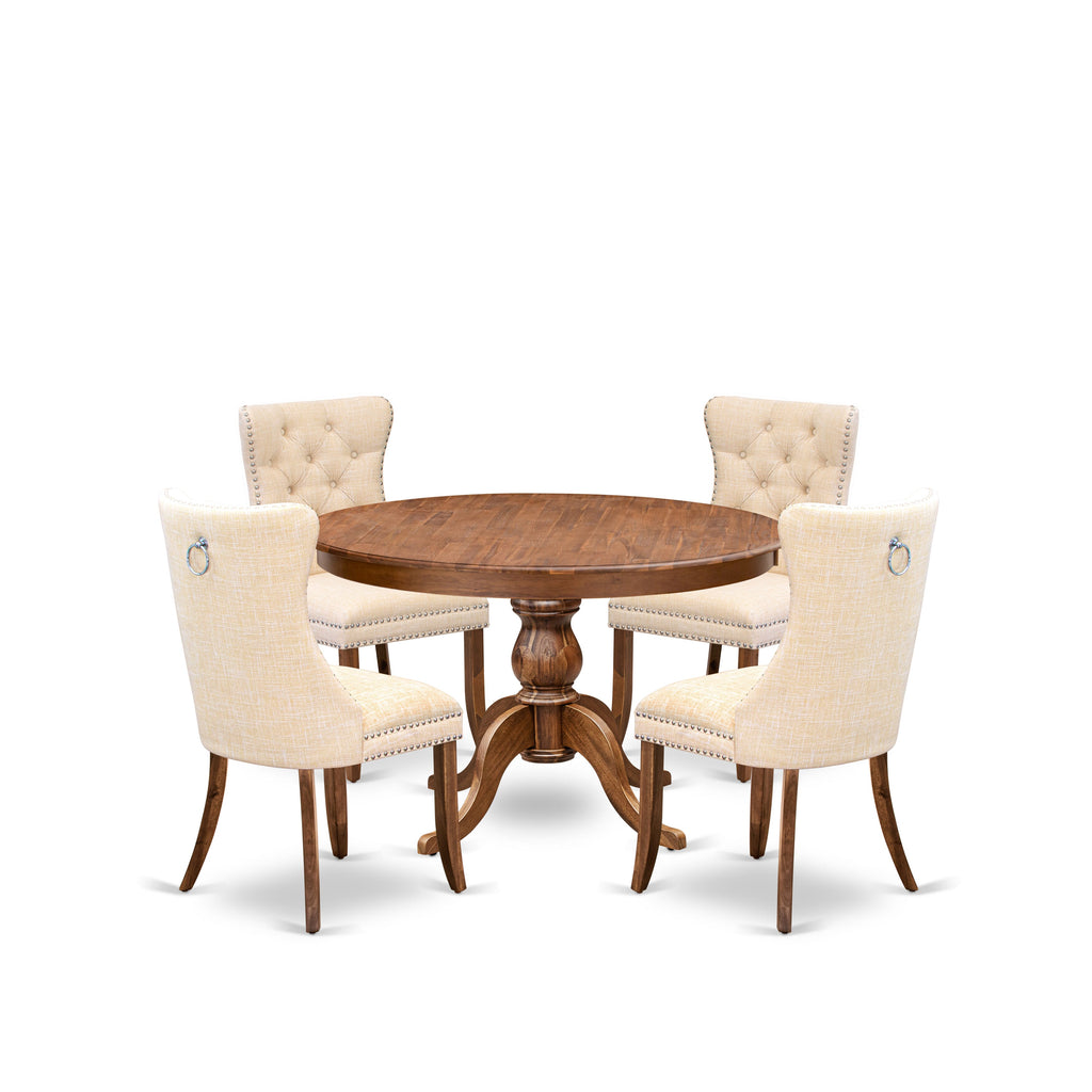 Luxe by East West Furniture F6DA5-40N-32 5-Piece Dining Table Set with Linen Fabric 4 Light Beige Dining chairs, Button-Tufted Backs, and a 48"Round Table in Antique Walnut Finish.