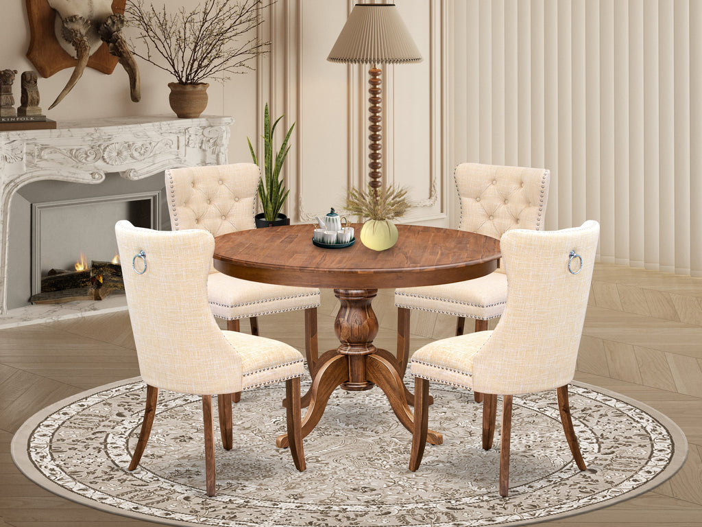 Luxe by East West Furniture F6DA5-40N-32 5-Piece Dining Table Set with Linen Fabric 4 Light Beige Dining chairs, Button-Tufted Backs, and a 48"Round Table in Antique Walnut Finish.