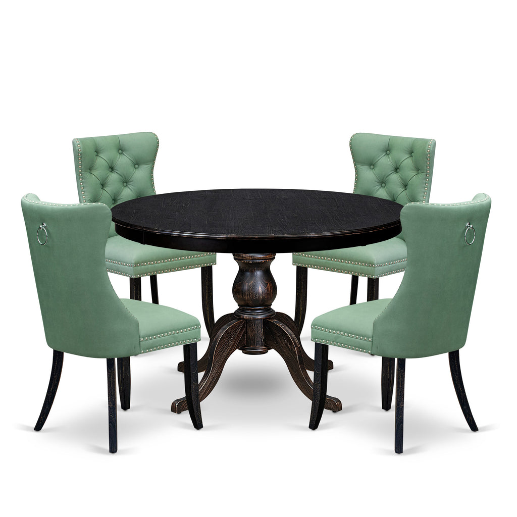 Luxe by East West Furniture F6DA5-411-22 5 Piece Dining Set Includes a 48" Round Table with Pedestal and 4 Willow Green Faux Leather Upholstered Chairs, Sand Blasted Black