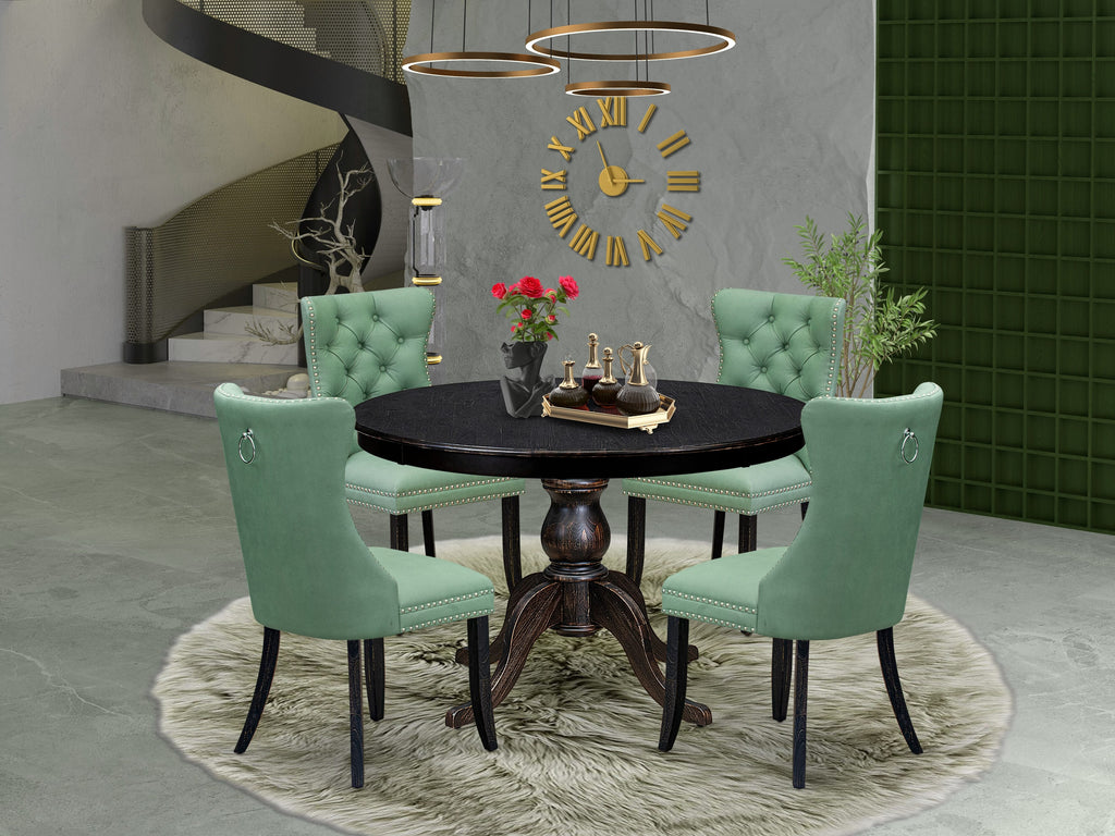 Luxe by East West Furniture F6DA5-411-22 5 Piece Dining Set Includes a 48" Round Table with Pedestal and 4 Willow Green Faux Leather Upholstered Chairs, Sand Blasted Black