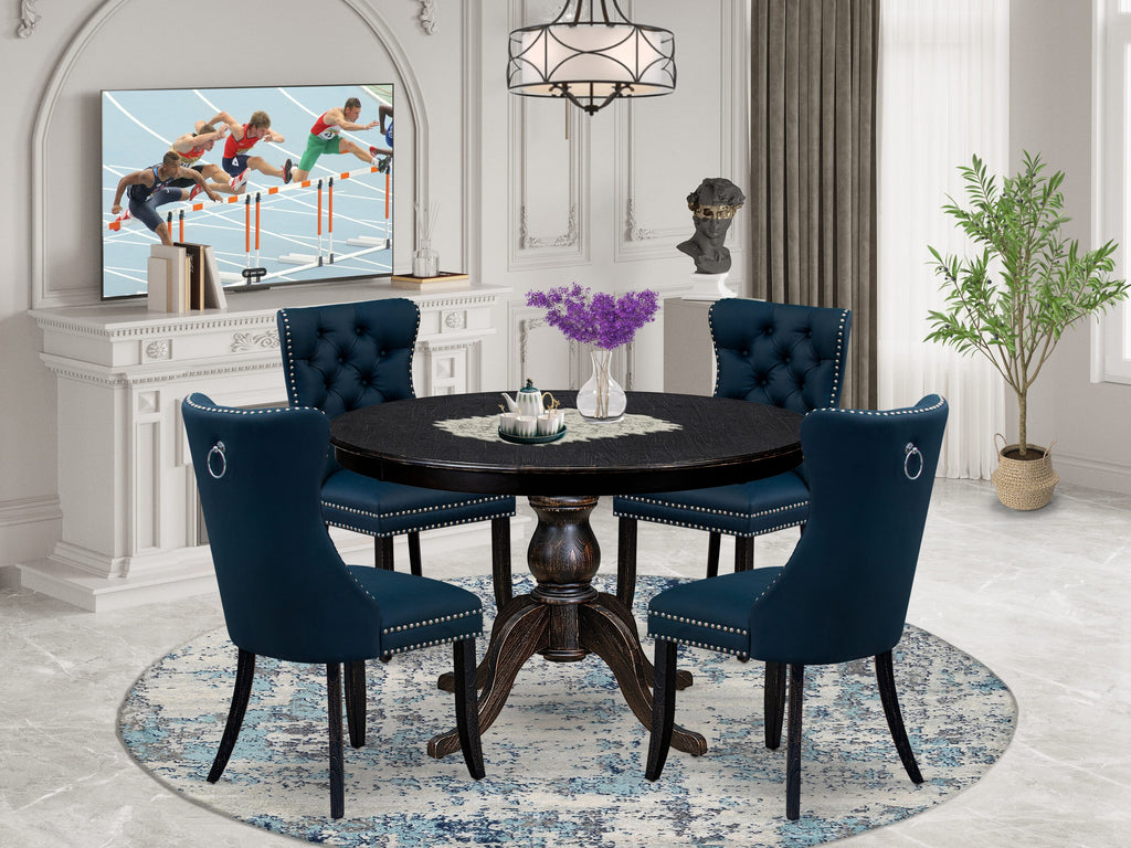 Luxe by East West Furniture F6DA5-411-29 5 Piece Dining Table Set Includes a 48" Round Table with Pedestal and 4 Navy Blue Faux Leather Upholstered Chairs, Sand Blasted Black