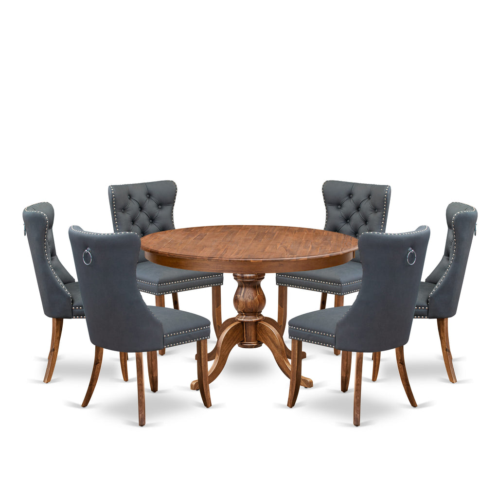 Luxe by East West Furniture F6DA7-40N-13 7-piece Dining table set included a Kitchen Table and 6 Platinum Gray Faux Leather Dining Room Chairs with Button Tufted Back - Antique Walnut Finish