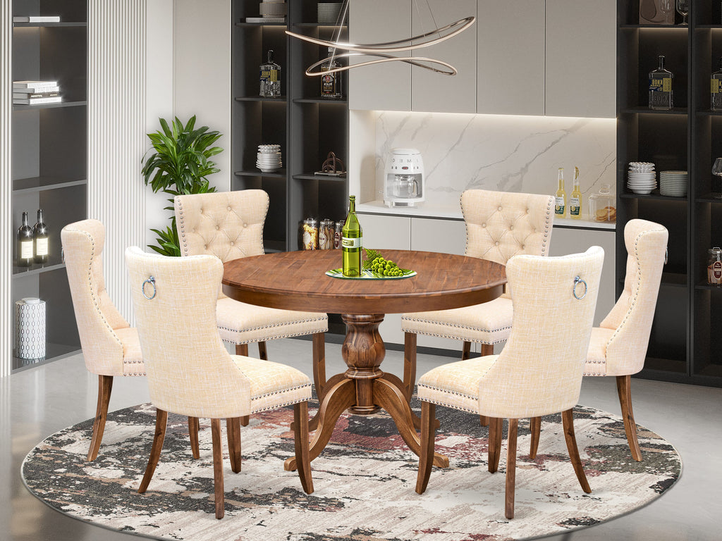 Luxe by East West Furniture F6DA7-40N-32 7-Piece Dining Room Set with Linen Fabric 6 Light Beige kitchen chairs, Button-Tufted Backs, and a 48"Round Table in Antique Walnut Finish.