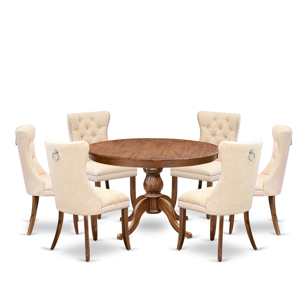 Luxe by East West Furniture F6DA7-40N-32 7-Piece Dining Room Set with Linen Fabric 6 Light Beige kitchen chairs, Button-Tufted Backs, and a 48"Round Table in Antique Walnut Finish.