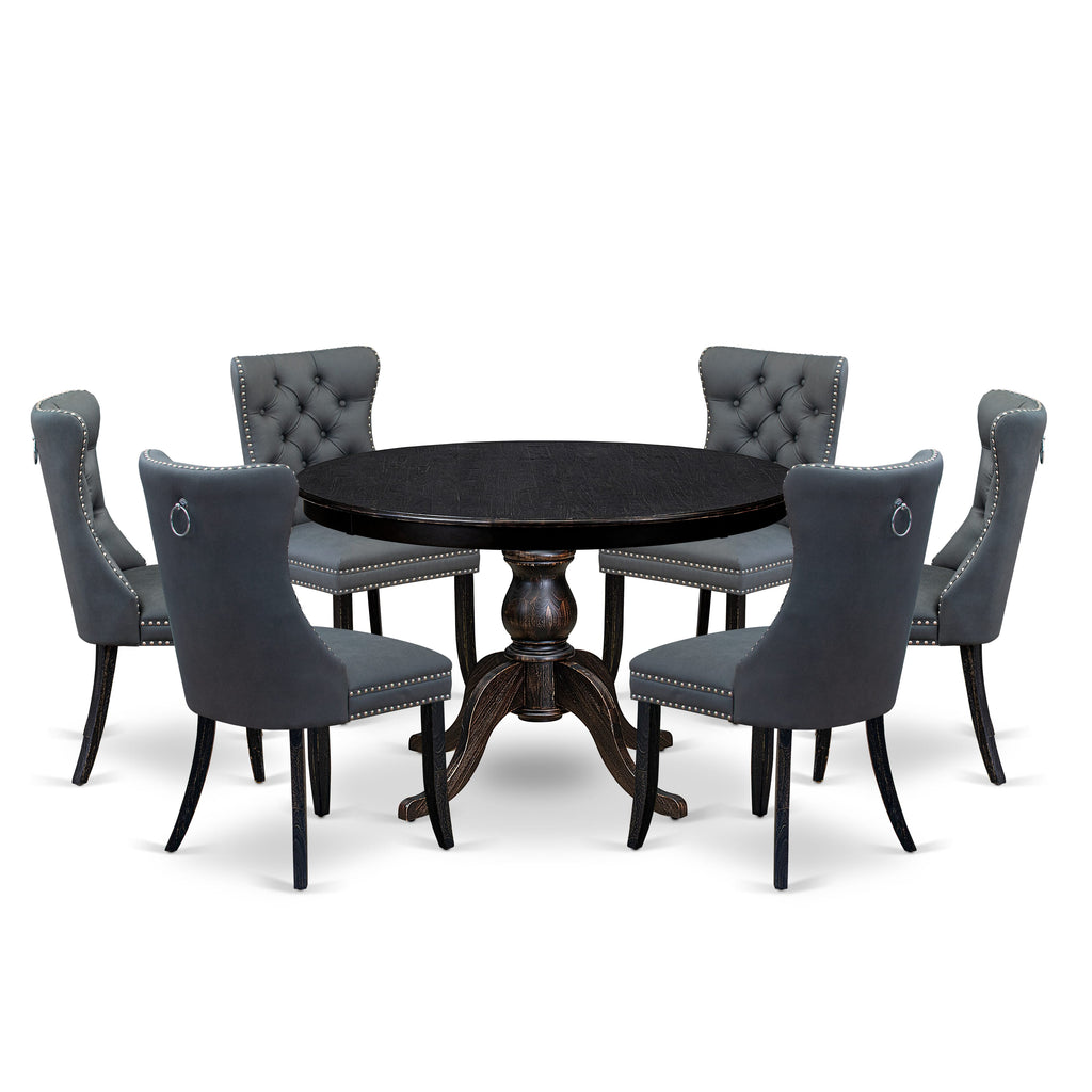 Luxe by East West Furniture F6DA7-411-13 7-piece Dining Room Set with Faux Leather 6 Platinum Gray dining chairs, Button-Tufted Backs, and a 48"Round Dinner Table in Sand Blasted Black Finish.