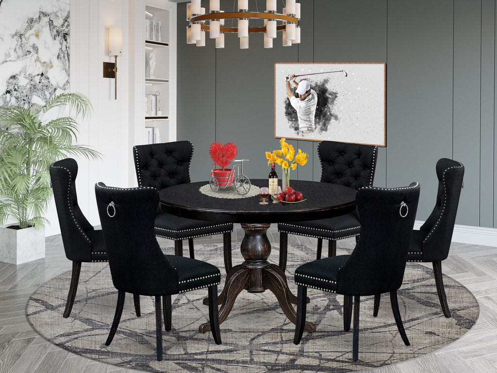 Luxe by East West Furniture F6DA7-411-24 7 Piece Kitchen Table Set Consists of a 48" Round Table with Pedestal and 6 Black Linen Fabric Upholstered Chairs, Sand Blasted Black