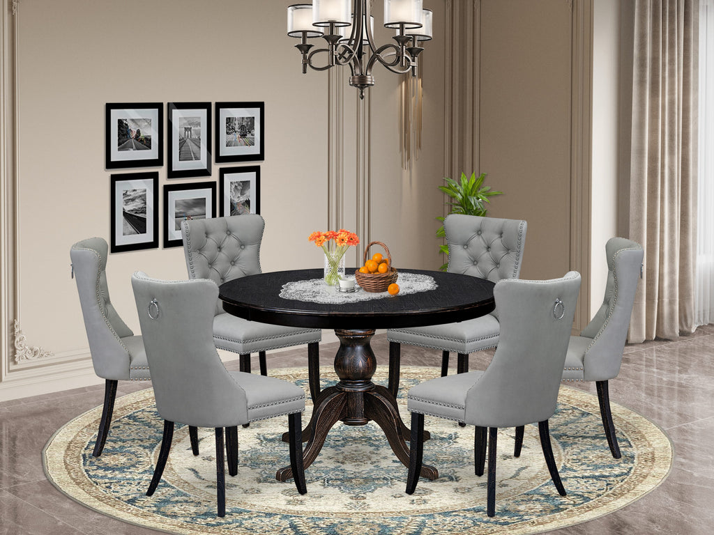 Luxe by East West Furniture F6DA7-411-27 7 Piece Dining Table Set Contains a 48" Round Table with Pedestal and 6 Light Gray Faux Leather Upholstered Chairs, Sand Blasted Black
