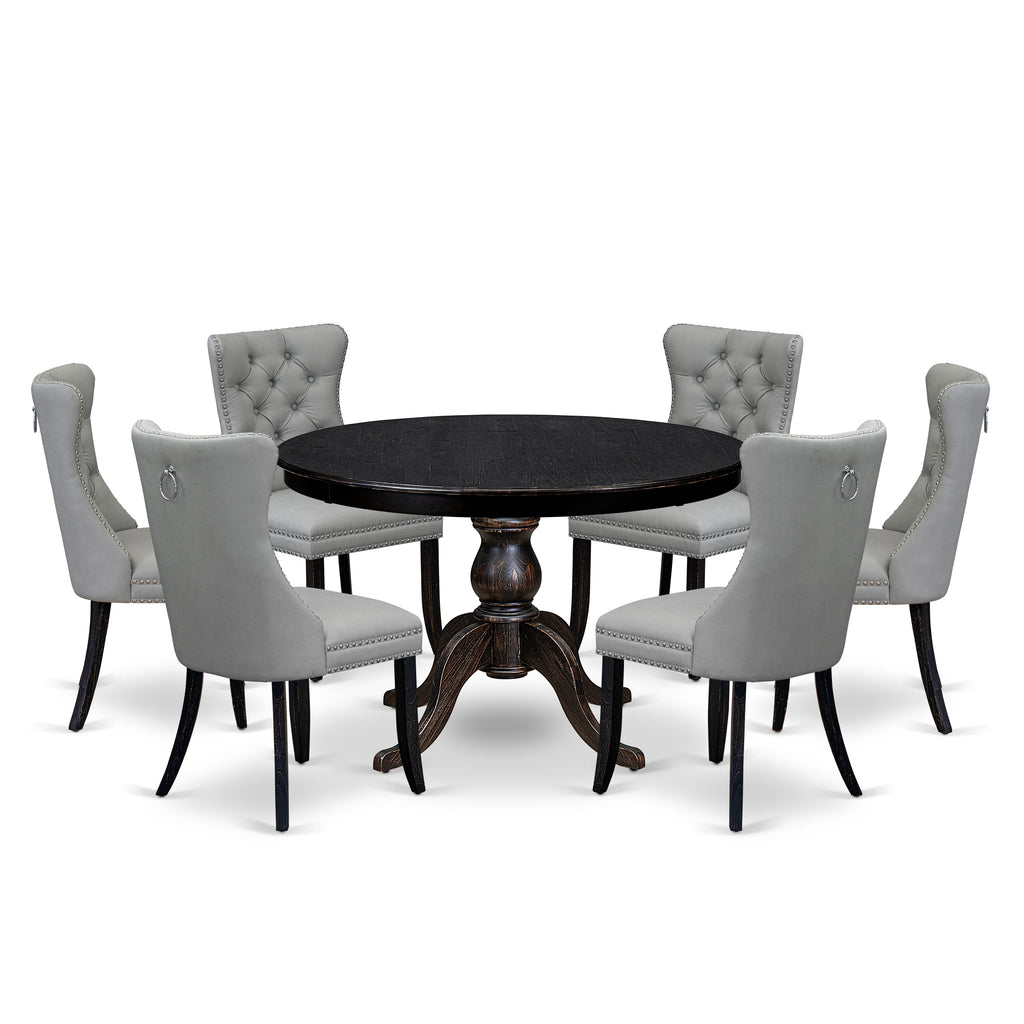 Luxe by East West Furniture F6DA7-411-27 7 Piece Dining Table Set Contains a 48" Round Table with Pedestal and 6 Light Gray Faux Leather Upholstered Chairs, Sand Blasted Black