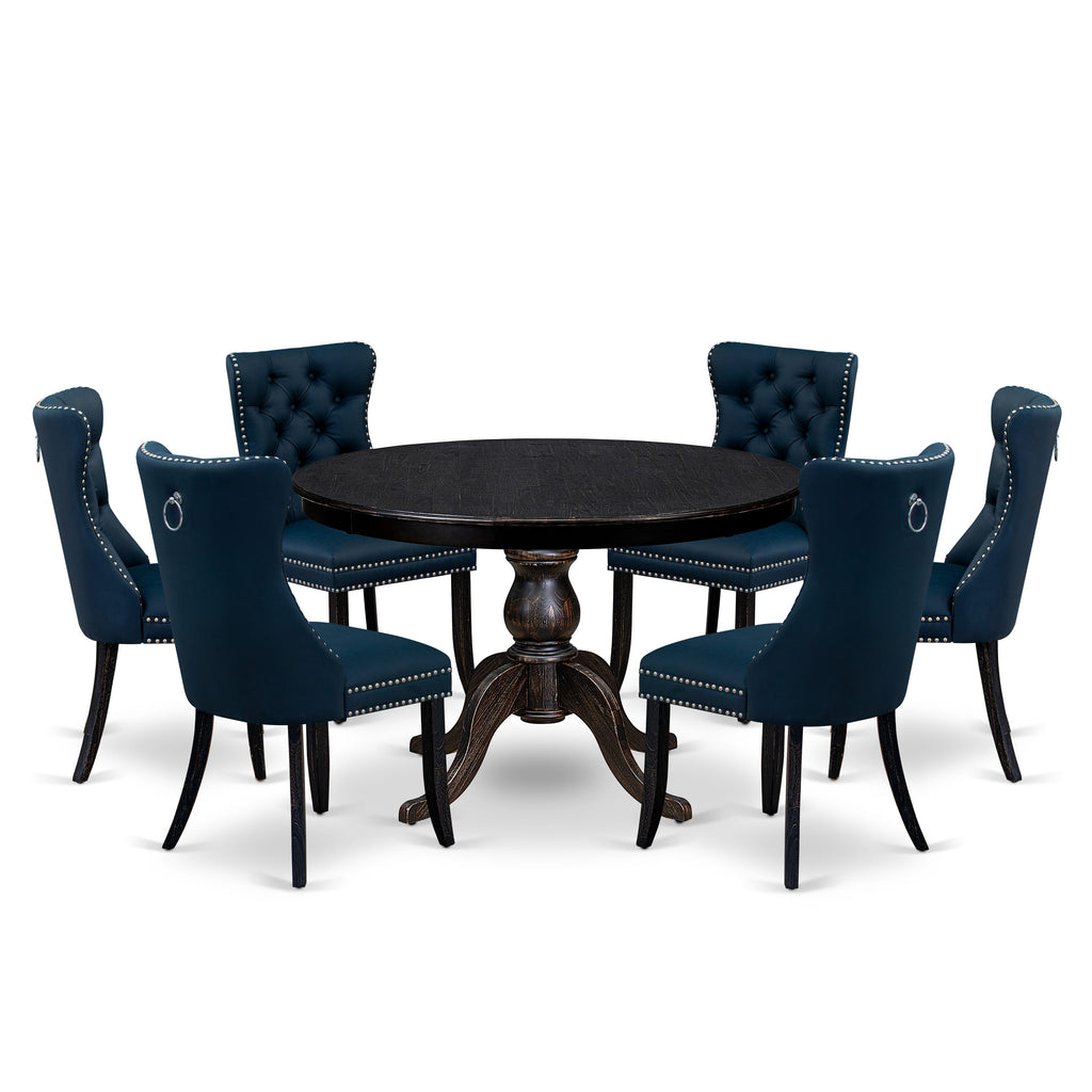 Luxe by East West Furniture F6DA7-411-29 7 Piece Dining Table Set Consists of a 48" Round Table with Pedestal and 6 Navy Blue Faux Leather Padded Chairs, Sand Blasted Black