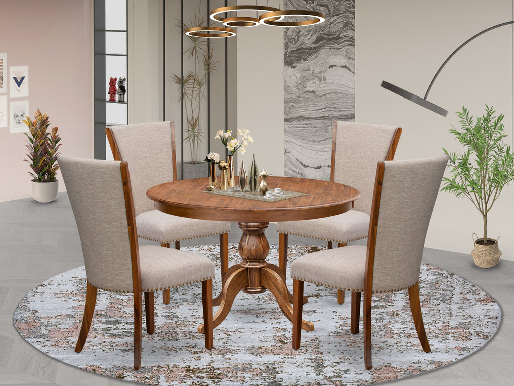 Luxe by East West Furniture F6VE5-40N-04 5 Piece Dinette Set Consists of a 48" Round Dining Table with Pedestal and 4 Light Tan Linen Fabric Parson Chairs, Antique Walnut