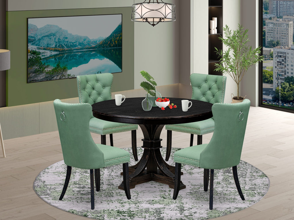 Luxe by East West Furniture F7DA5-411-22 5 Piece Dining Set Contains a 48" Round Table with Pedestal and 4 Willow Green Faux Leather Upholstered Chairs, Sand Blasted Black