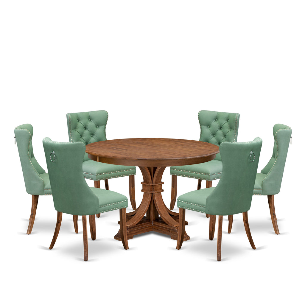 Luxe by East West Furniture F7DA7-40N-22 7-Pc Dinner Set Consist a Mid Century Dining Table and 6 Willow Green Faux Leather Chairs with Button-Tufted Back, Antique Walnut