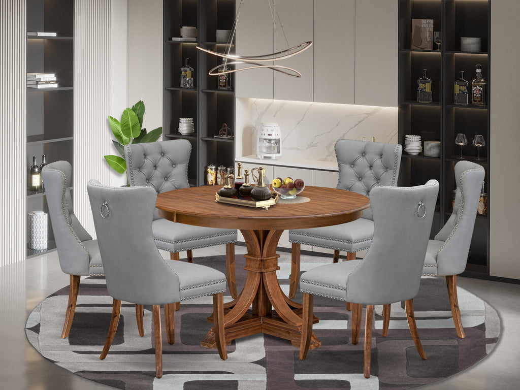 Luxe by East West Furniture F7DA7-40N-27 7-Pc Kitchen Table Set Consist a Mid Century Dining Table and 6 Light Gray Faux Leather Chairs with Button-Tufted Back, Antique Walnut