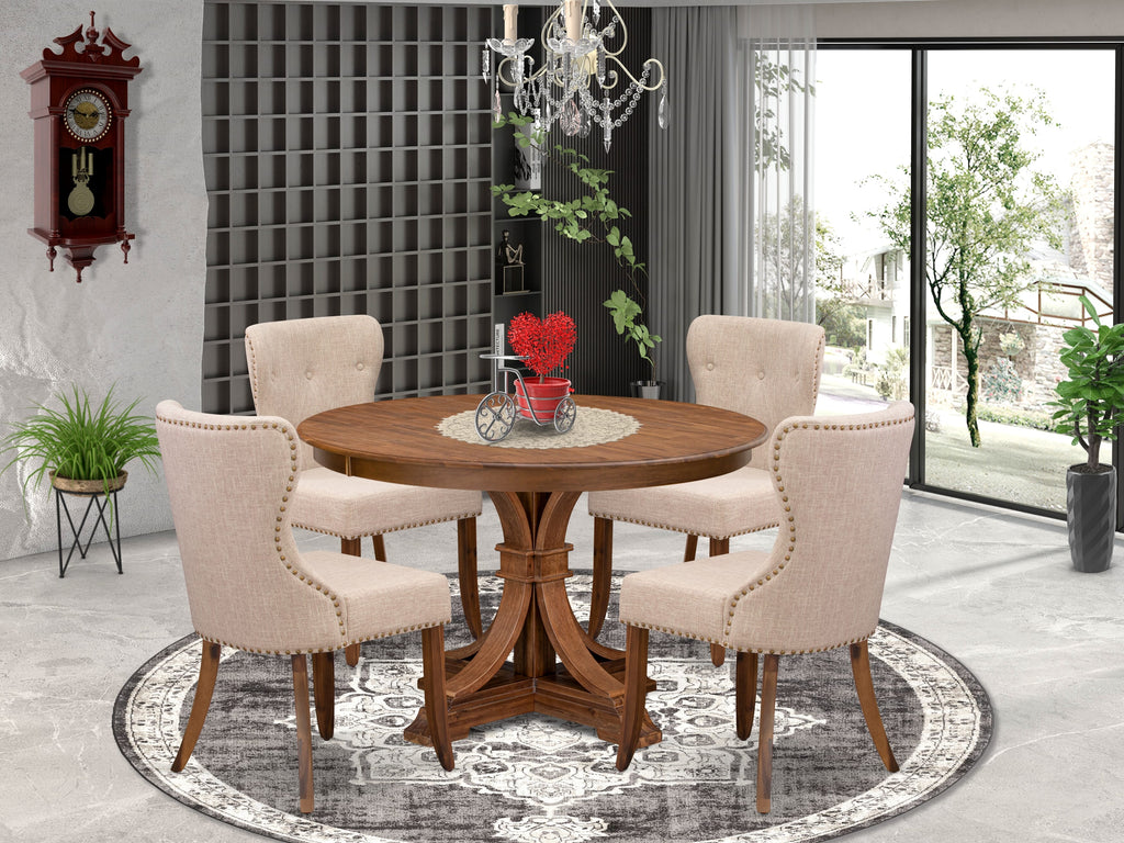 Luxe by East West Furniture F7SI5-40N-04 5-Pc Kitchen Set Includes a Pedestal Wooden Round Table and 4 Light Tan Linen Fabric Padded Chairs with Button Tufted- Antique Walnut