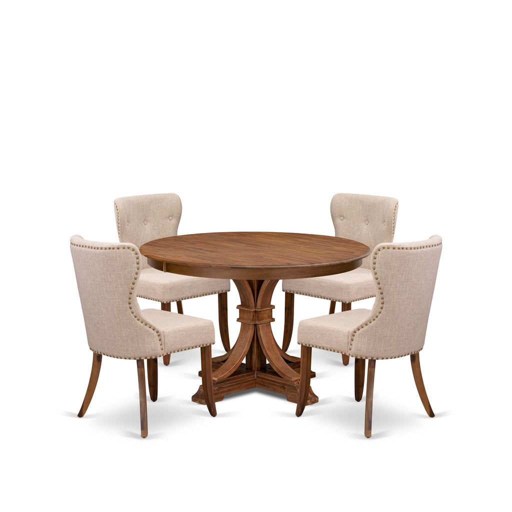 Luxe by East West Furniture F7SI5-40N-04 5-Pc Kitchen Set Includes a Pedestal Wooden Round Table and 4 Light Tan Linen Fabric Padded Chairs with Button Tufted- Antique Walnut