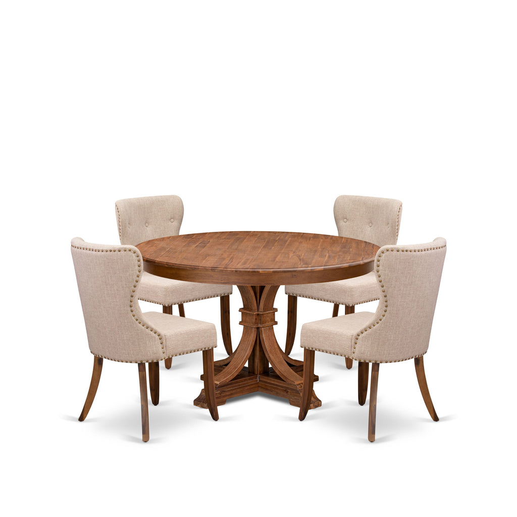 Luxe by East West Furniture F7SI5-50N-04 5-Pc Kitchen Table Set Includes a Pedestal Dinner Table and 4 Light Tan Linen Fabric Dining Chairs with Button Tufted- Antique Walnut