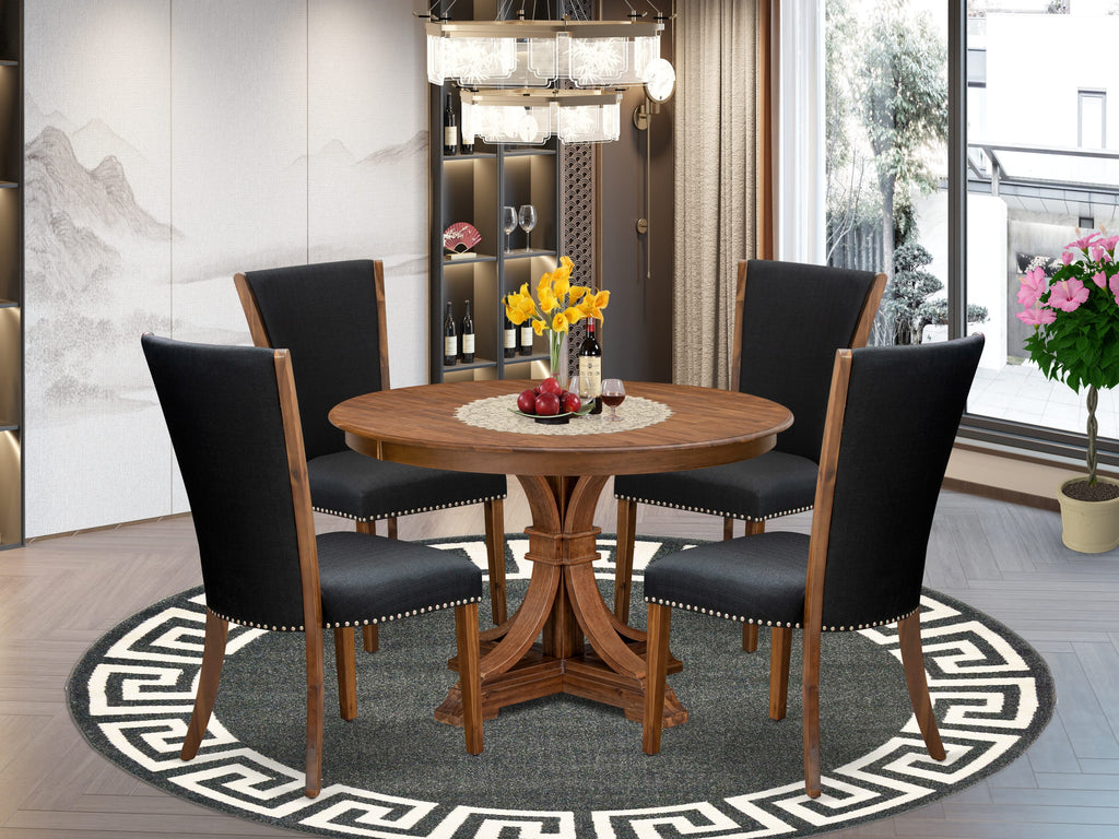 Luxe by East West Furniture F7VE5-40N-24 5 Piece Dining Table Set for 4 Includes a 48" Round Table with Pedestal and 4 Black Linen Fabric Parson Chairs, Antique Walnut