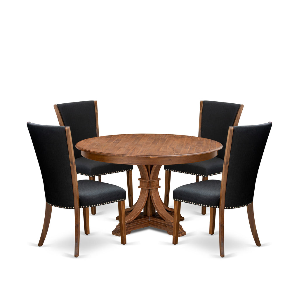 Luxe by East West Furniture F7VE5-50N-24 5 Piece Dinette Set for 4 Consists of a 54" Round Table with Pedestal and 4 Black Linen Fabric Padded Chairs, Antique Walnut