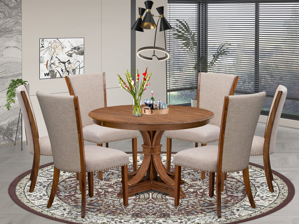 Luxe by East West Furniture F7VE7-40N-04 7 Piece Dinette Set Consists of a 48" Round Dining Table with Pedestal and 6 Light Tan Linen Fabric Parson Chairs, Antique Walnut