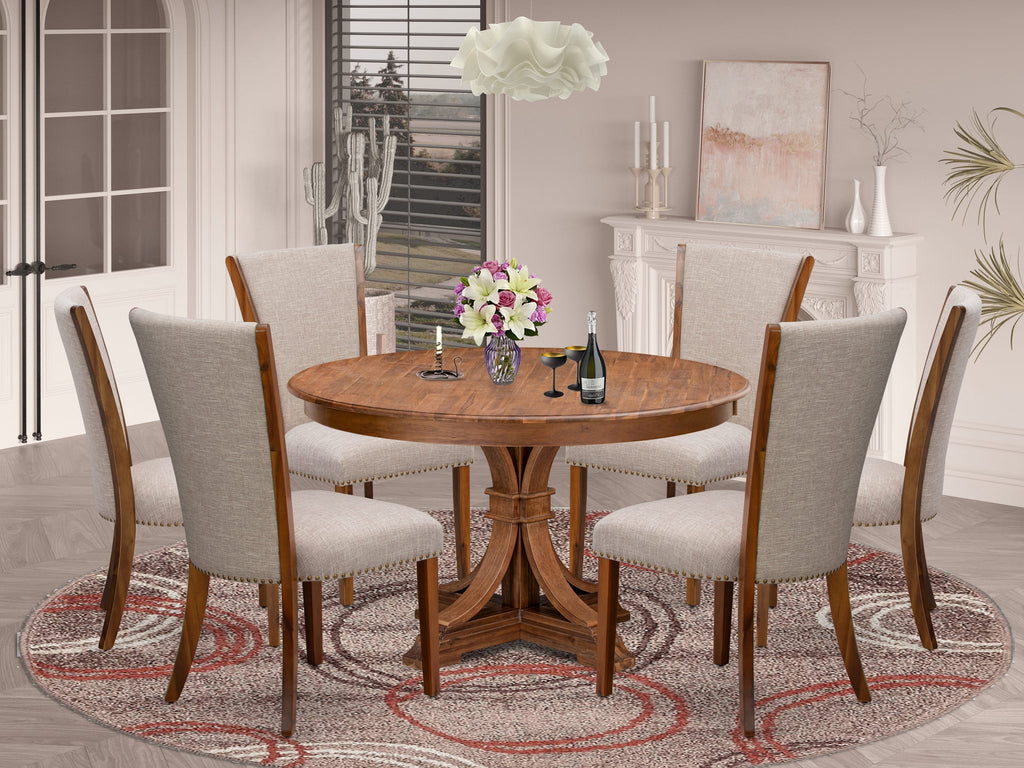Luxe by East West Furniture F7VE7-50N-04 7 Piece Dining Set for 6 Includes a 54" Round Table with Pedestal and 6 Light Tan Linen Fabric Parson Chairs, Antique Walnut