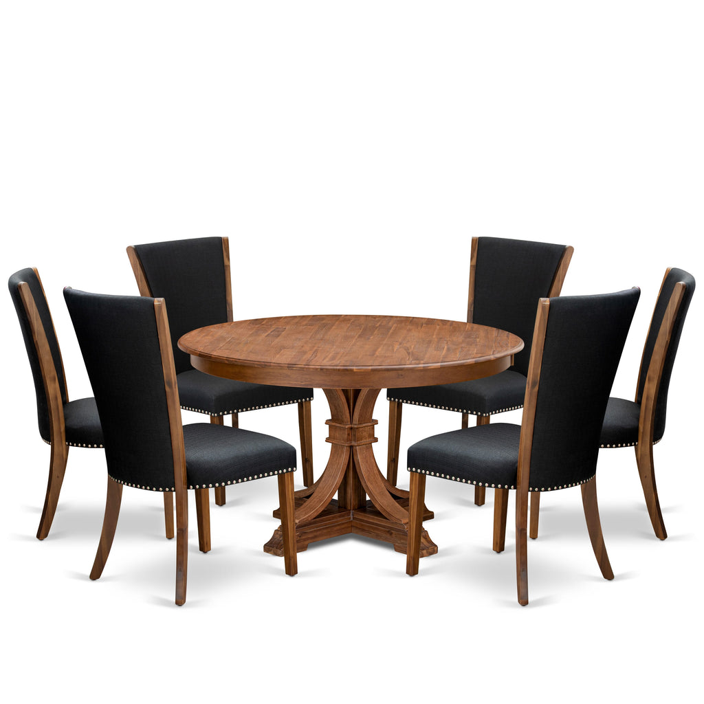 Luxe by East West Furniture F7VE7-50N-24 7 Piece Dining Table Set for 6 Contains a 54" Round Table with Pedestal and 6 Black Linen Fabric Parson Chairs, Antique Walnut