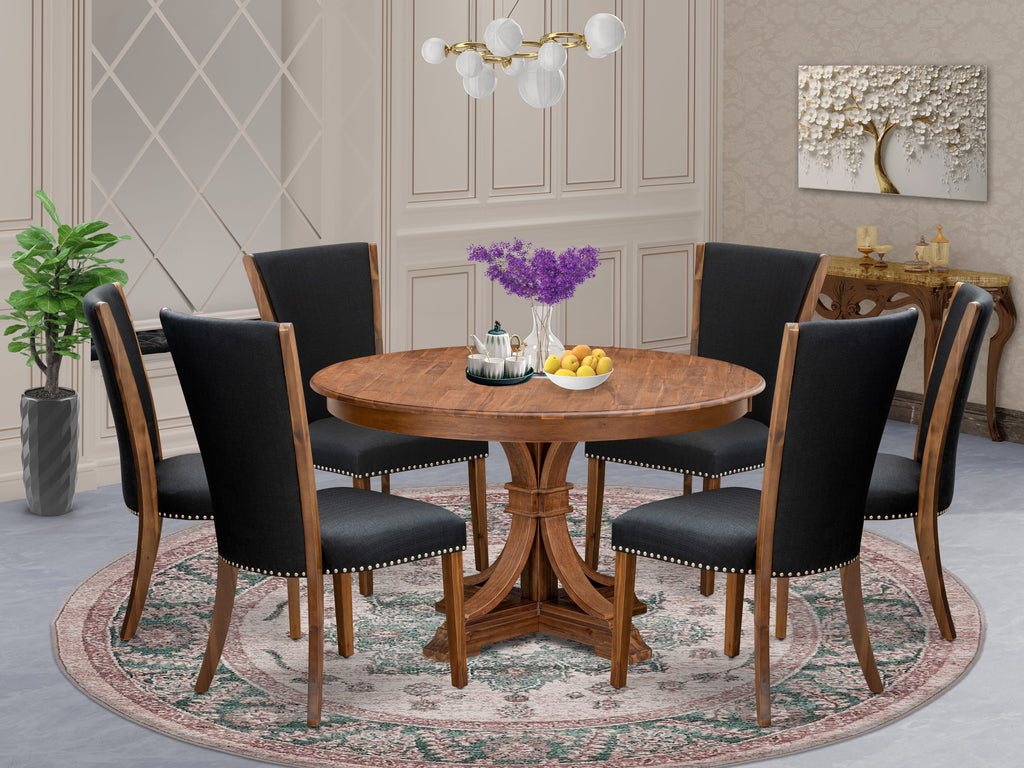Luxe by East West Furniture F7VE7-50N-24 7 Piece Dining Table Set for 6 Contains a 54" Round Table with Pedestal and 6 Black Linen Fabric Parson Chairs, Antique Walnut