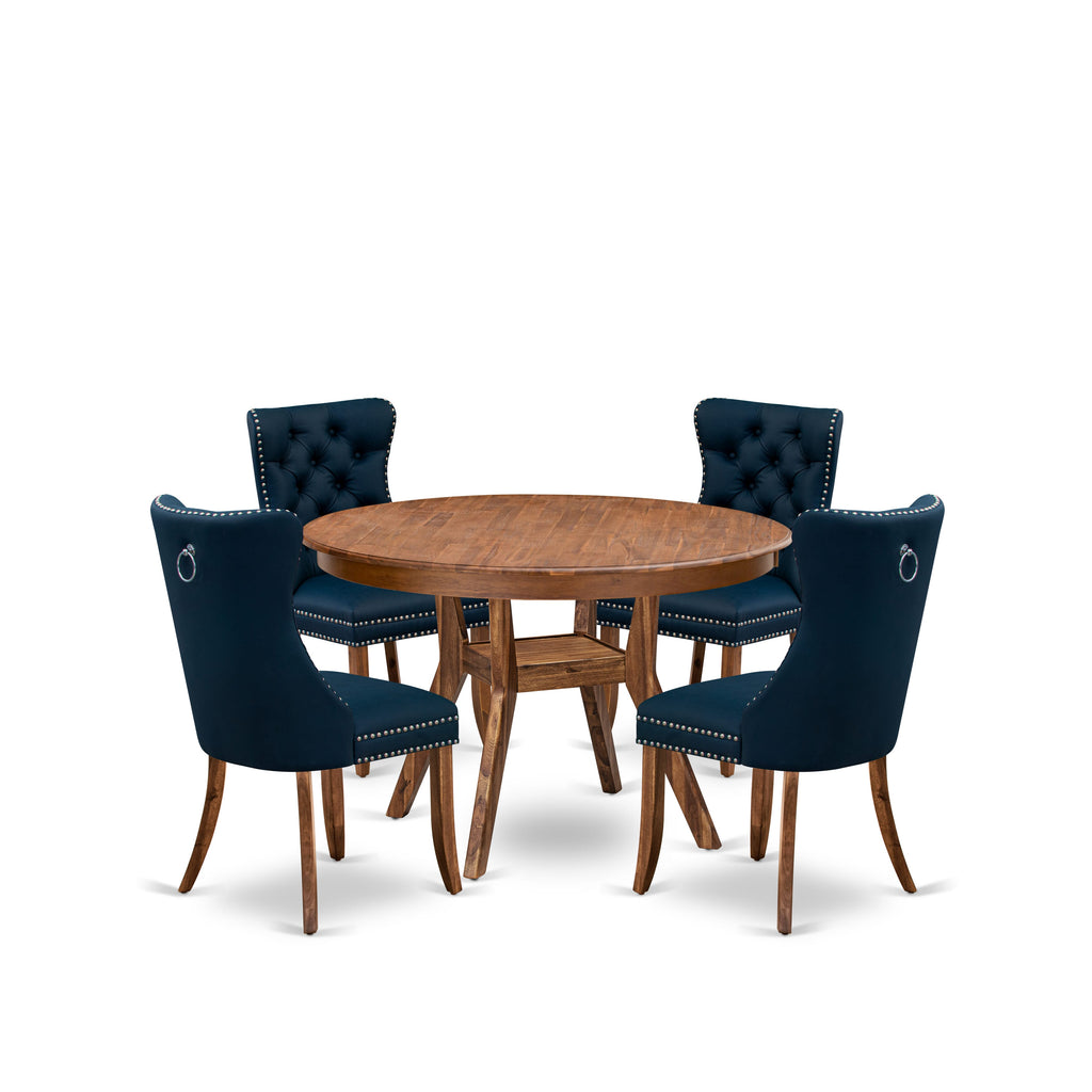 Luxe by East West Furniture F8DA5-40N-29 5-Piece Dining Room Set with Faux Leather 4 Navy Blue Padded chairs, Button-Tufted Backs, and a 48"Round Table in Antique Walnut Finish.