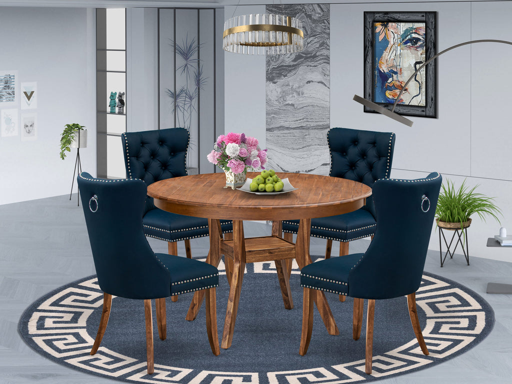 Luxe by East West Furniture F8DA5-40N-29 5-Piece Dining Room Set with Faux Leather 4 Navy Blue Padded chairs, Button-Tufted Backs, and a 48"Round Table in Antique Walnut Finish.