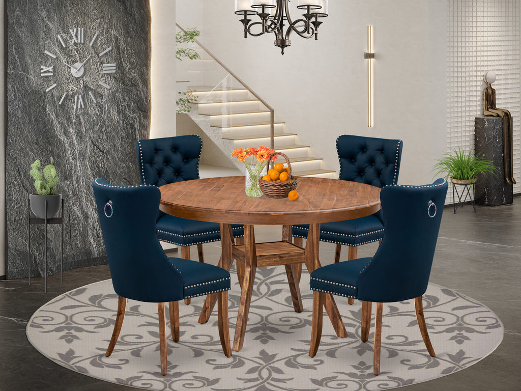 Luxe by East West Furniture F8DA5-50N-29 5-Pc Modern Dining Table Set Include a Dining Table and 4 Navy Blue Faux Leather Chairs with Button-Tufted Back, Antique Walnut