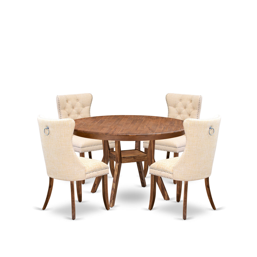 Luxe by East West Furniture F8DA5-50N-32 5-Piece Dining Table Set with Linen Fabric 4 Light Beige upholstered chairs, Button-Tufted Backs, and a 54"Round Table in Antique Walnut Finish.