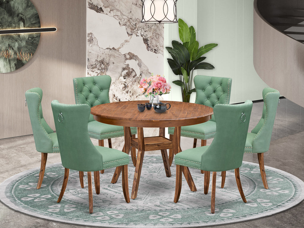 Luxe by East West Furniture F8DA7-40N-22 7-Pc Kitchen Set Include a Modern Table and 6 Willow Green Faux Leather Upholstered Chairs with Button-Tufted Back, Antique Walnut