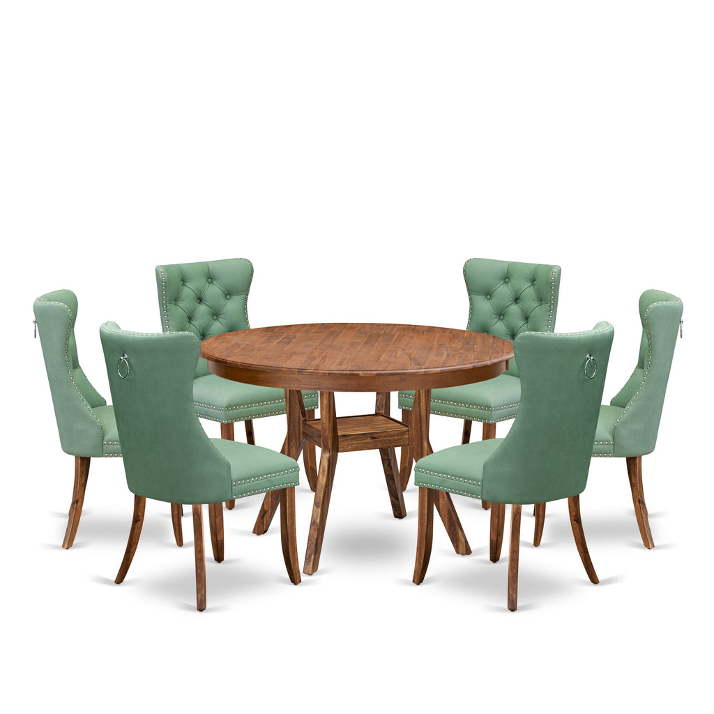 Luxe by East West Furniture F8DA7-40N-22 7-Pc Kitchen Set Include a Modern Table and 6 Willow Green Faux Leather Upholstered Chairs with Button-Tufted Back, Antique Walnut