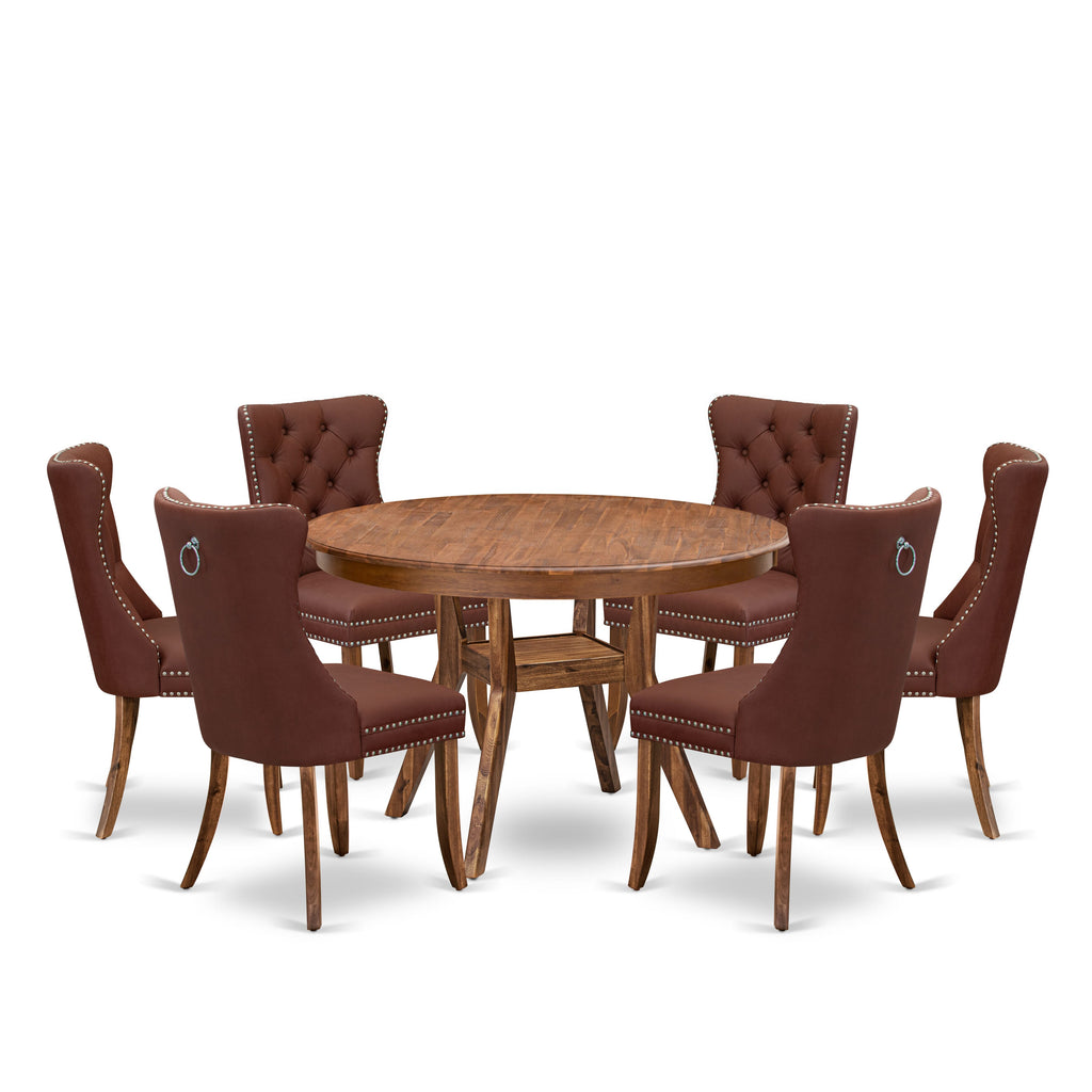 Luxe by East West Furniture F8DA7-40N-26 7-Pc Mid Century Modern Dining Set Include a Modern Table and 6 Burgundy Faux Leather Chairs with Button-Tufted Back, Antique Walnut