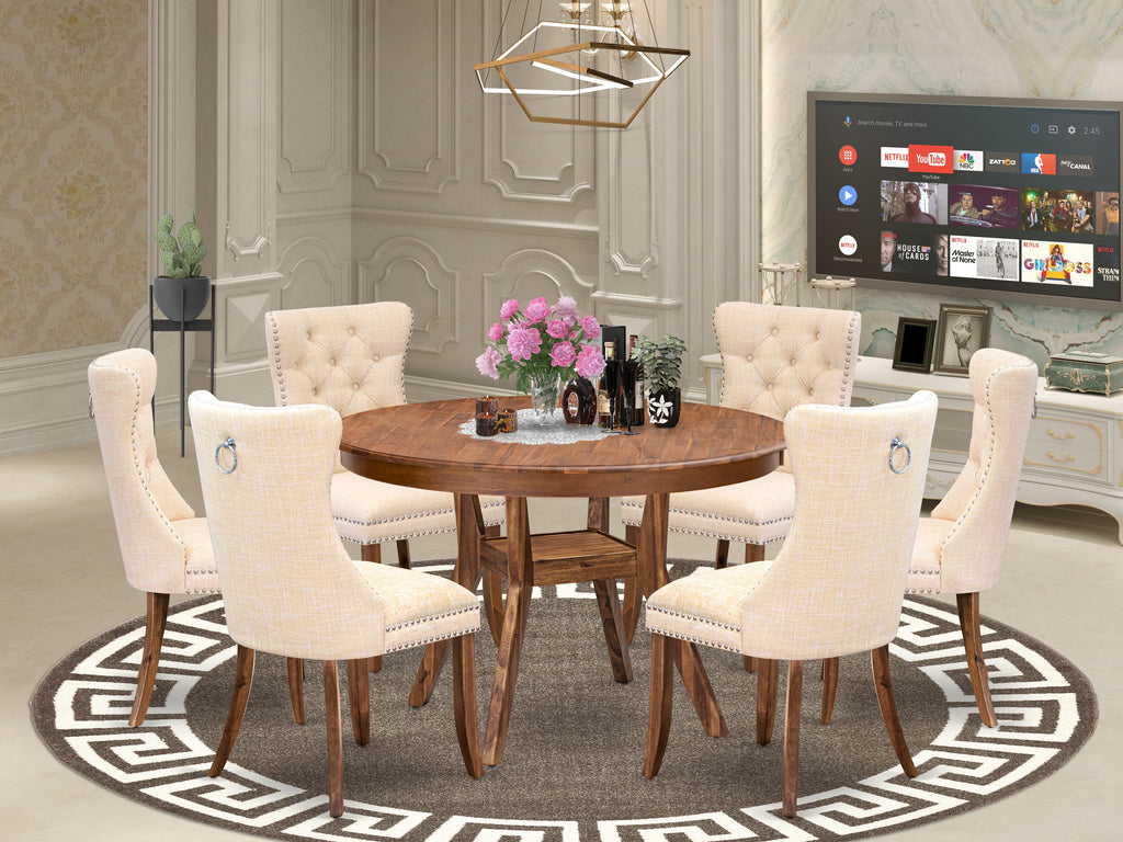 Luxe by East West Furniture F8DA7-40N-32 7-Piece Modern Dining Room Set with Linen Fabric 6 Light Beige padded dining chairs, Button-Tufted Backs, and a 48"Round Kitchen Table in Antique Walnut Finish.