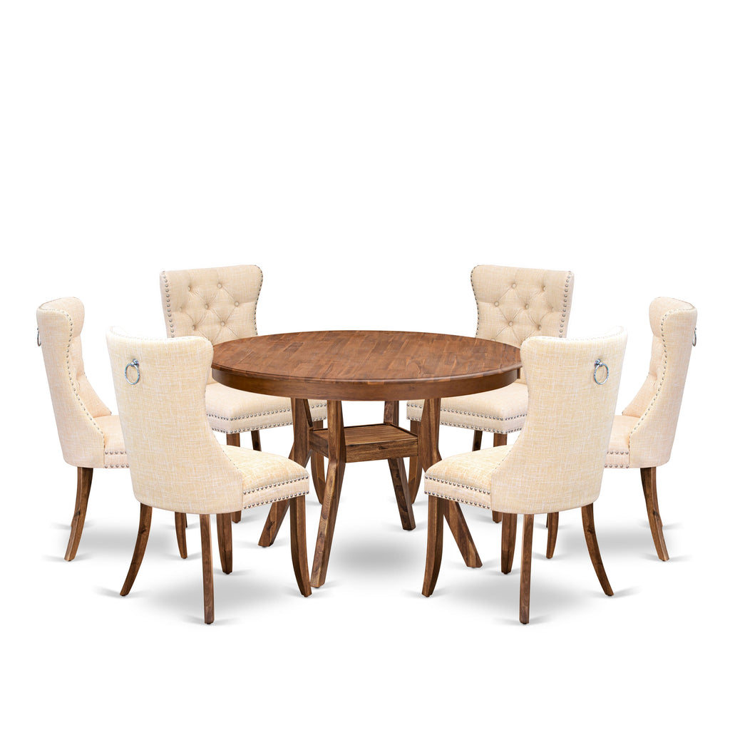 Luxe by East West Furniture F8DA7-40N-32 7-Piece Modern Dining Room Set with Linen Fabric 6 Light Beige padded dining chairs, Button-Tufted Backs, and a 48"Round Kitchen Table in Antique Walnut Finish.
