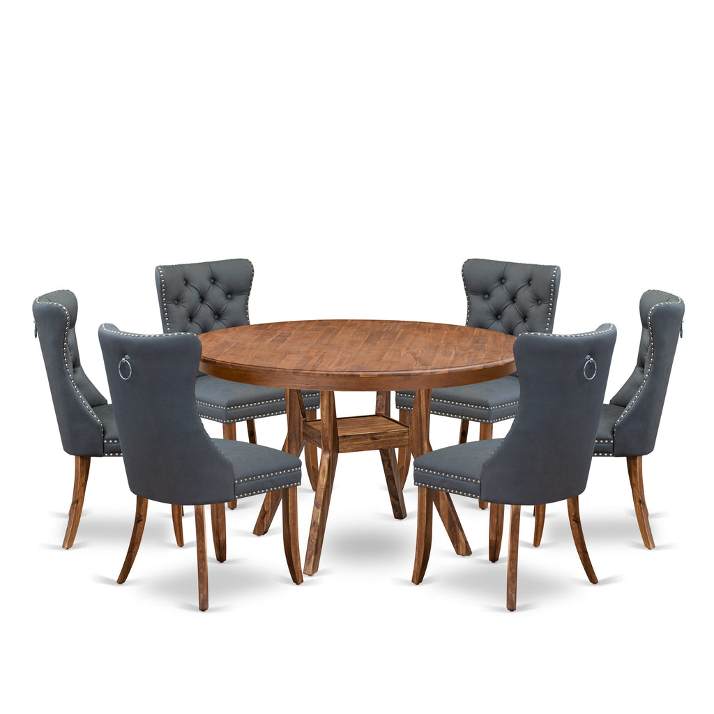 Luxe by East West Furniture F8DA7-50N-13 7-piece Dining table set consists of a Modern Dining Table and 6 Platinum Gray Faux Leather Dining Chairs with Button Tufted Back - Antique Walnut Finish