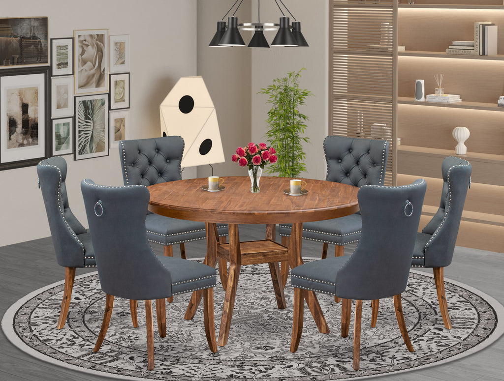 Luxe by East West Furniture F8DA7-50N-13 7-piece Dining table set consists of a Modern Dining Table and 6 Platinum Gray Faux Leather Dining Chairs with Button Tufted Back - Antique Walnut Finish