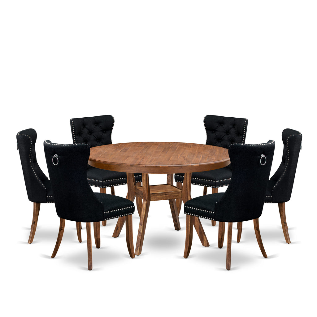 Luxe by East West Furniture F8DA7-50N-24 7-Piece Mid Century Kitchen Set with Linen Fabric 6 Black Dining chairs, Button-Tufted Backs, and a 54"Round Table in Antique Walnut Finish.