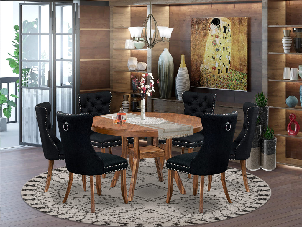 Luxe by East West Furniture F8DA7-50N-24 7-Piece Mid Century Kitchen Set with Linen Fabric 6 Black Dining chairs, Button-Tufted Backs, and a 54"Round Table in Antique Walnut Finish.