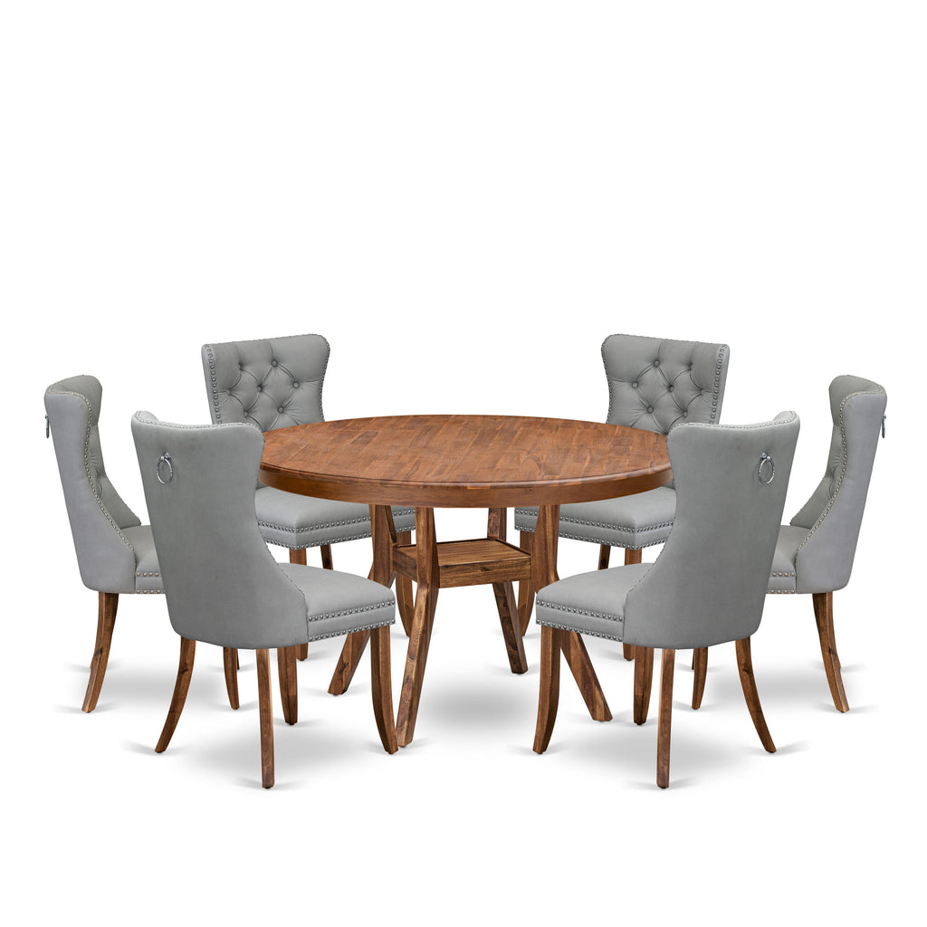 Luxe by East West Furniture F8DA7-50N-27 7-Pc Dining Set Consist a Dinner Table and 6 Light Gray Faux Leather Upholstered Chairs with Button-Tufted Back, Antique Walnut